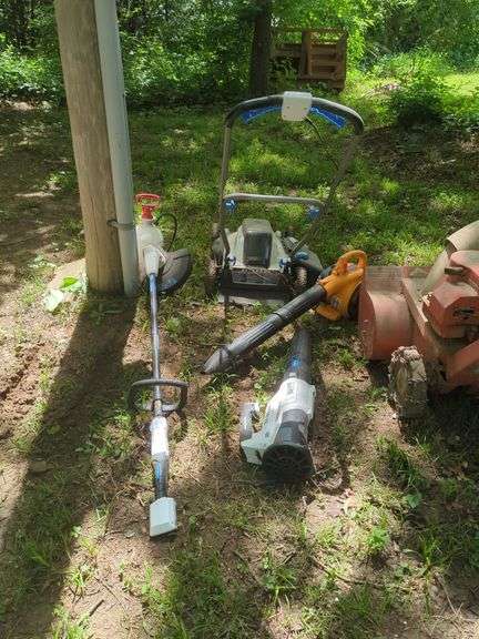 Lawn Care Equipment Assortment Including Hart Mower, String Trimmer, and Blowers