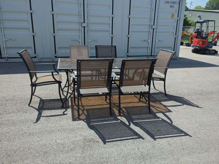 Outdoor Patio Set with 6 Chairs and Glass Top Table