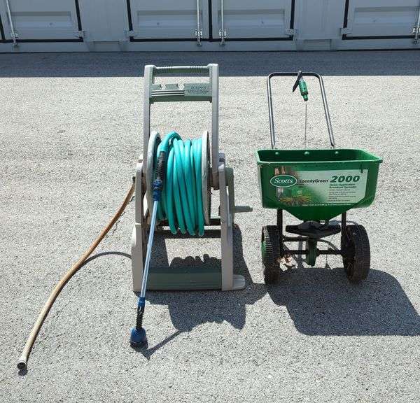 Ames Reel Easy Hose Reel Cart With Hose And Scotts Speedy Green 2000 Spreader image