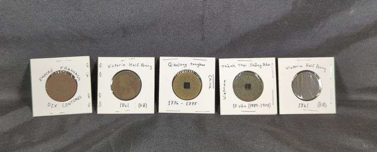 Foreign 19th Century Coin Collection Including 1861 Great Britain Victoria Half Pennies, Qty 2, 1854 France Napoleon III 10 Centimes Coin, 1700 China Qianlong Tonbao Coin, and 1889 Vietnam 10 Van Coin