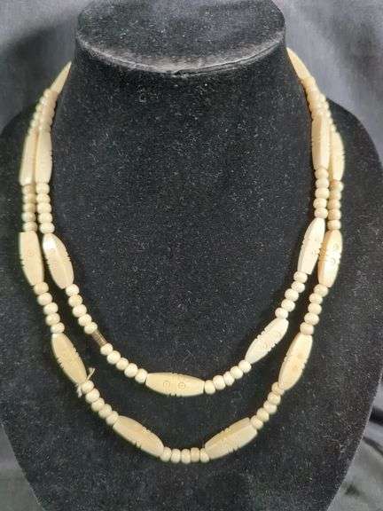 Ladies Carved Bone Necklace, And Glass Beaded Choker