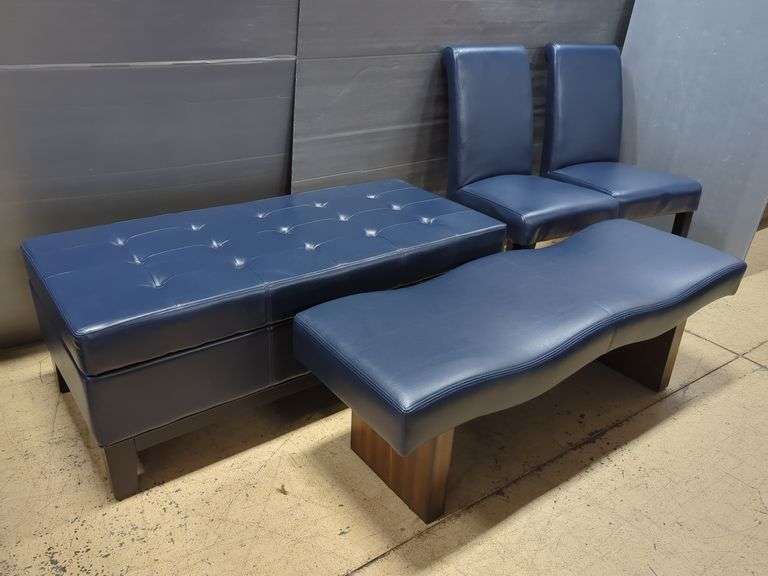Grandin Road Blue Upholstered Furniture Set Includes, Bench, Ottoman, and Two Chairs