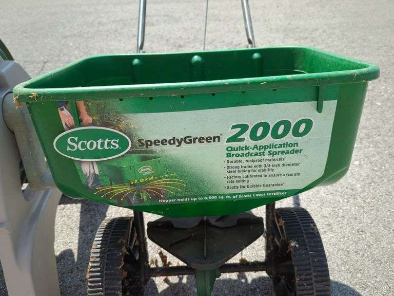 Ames Reel Easy Hose Reel Cart With Hose And Scotts Speedy Green 2000 Spreader