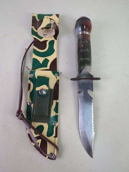 Taiwan Survival Knife With Compass, Matches, Fishing Hooks, And More In Handle, 5.75" Blade With Serrated Back, In Camo Holster With Whetstone image