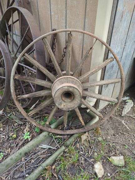 Farm Wagon Wheel With Wooden Spokes, Approx 32"