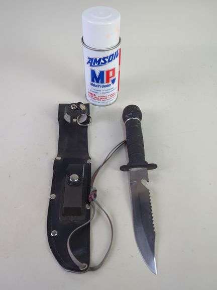 Taiwan Survival Knife With Compass, Matches, Fishing Hooks, And More In Handle, 5.75" Blade With Serrated Back, In Holster With Whetstone, And Amsoil Metal Protector image