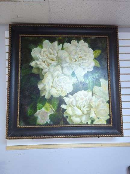 Framed White Flower Oil Painting on Canvas