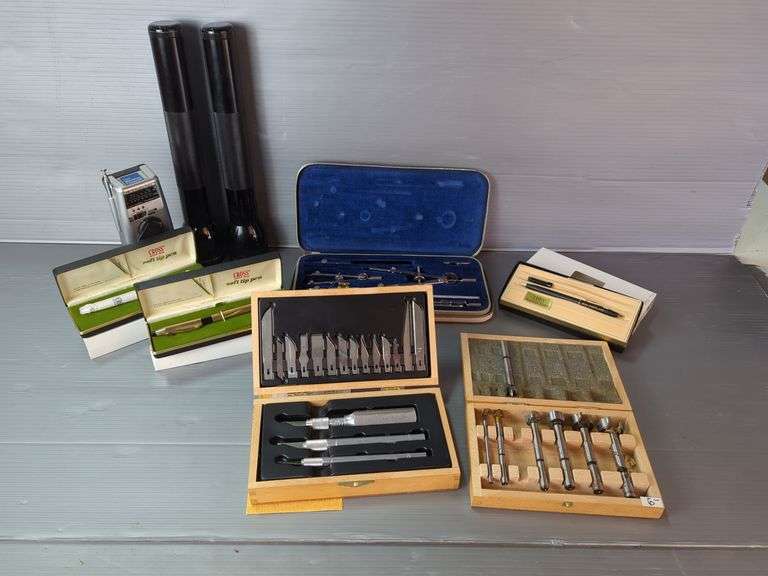 Drafting Compasses, Knife Set, Freud Forstner Bit Set, Cross Pens, Weather Channel Stormtracker Radio, And Mag-Lite Flashlights