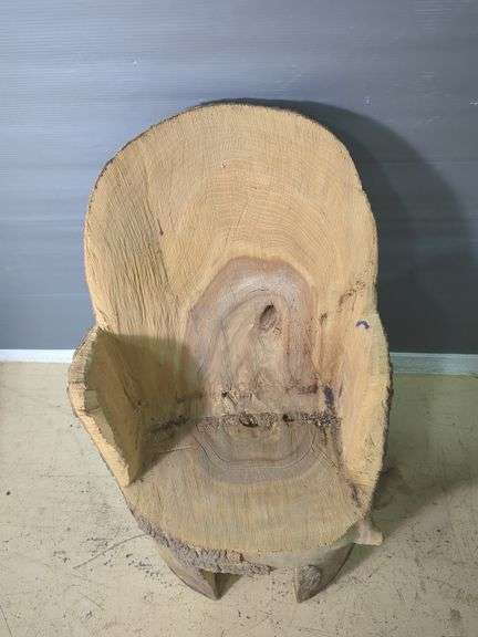 Hand-Carved Wood Log Chair With Face Detail