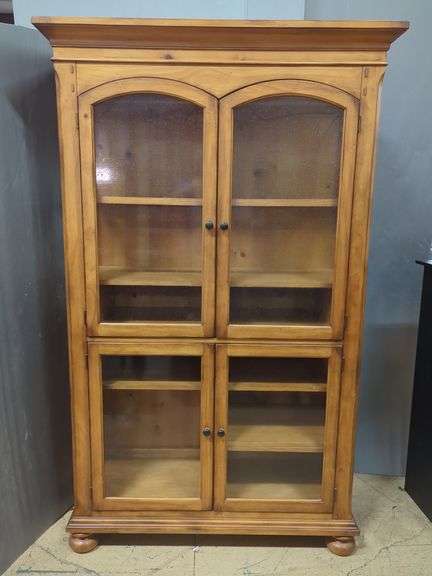 Pine Wooden Display Cabinet With Glass Doors And Shelves