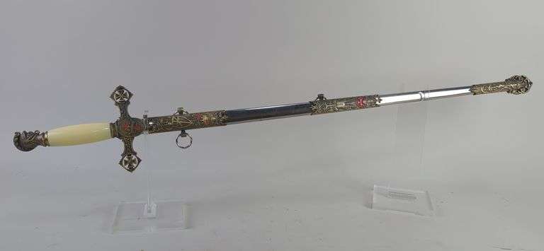 Masonic Knights Templar Sword, Inscribed In Hoc Sigud Vinces On Hilt And John A. Mead On Scabbard, 27" Blade, Missing Chain On Handle image
