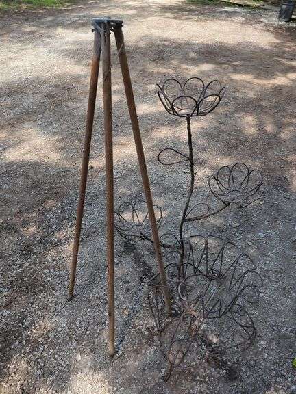 Metal Plant Stands, Qty 2 And Wooden Tripod