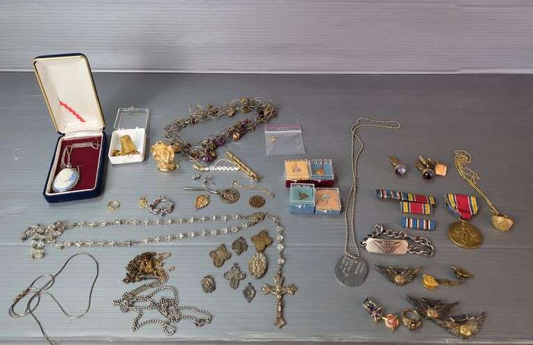 Rosary, Cameo Pendant, Military Pins & Medals, 10K Ring, and More