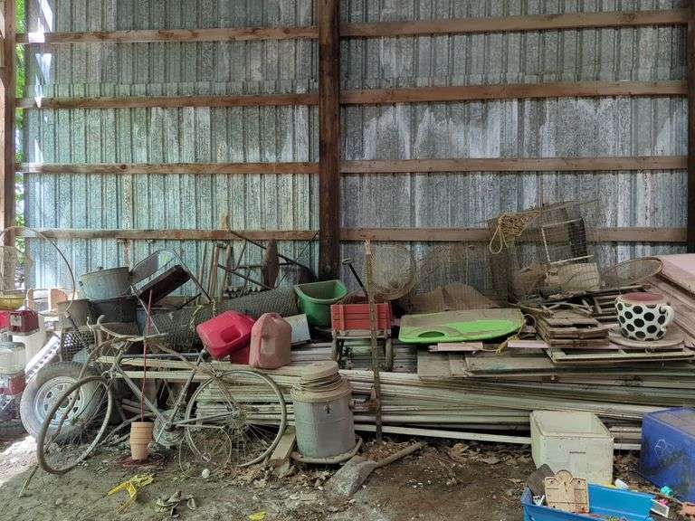 Vintage Bicycle, Cages, Wagon, Gas Cans, and More, Contents On Top And Left Of Lumber