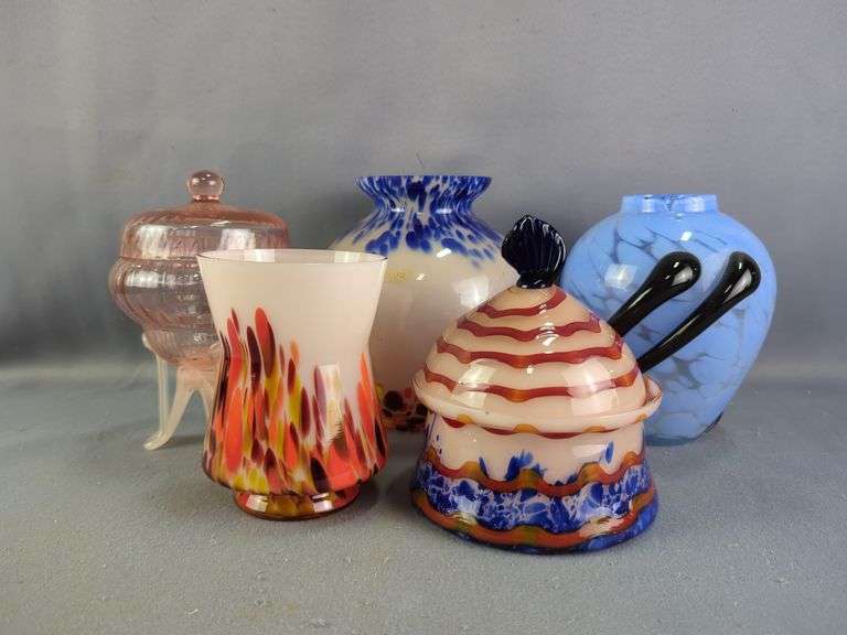 Czech Art Glass Vases and Lidded Bowls, Total Qty 5 Pieces
