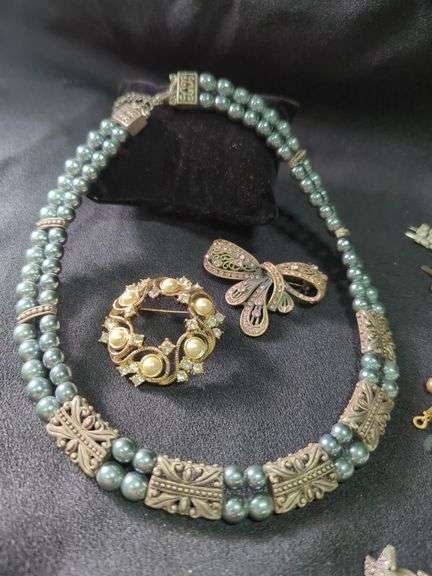 Costume Jewelry Including Necklace, Bracelets, and Brooches