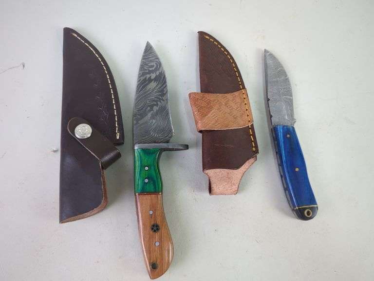 Damascus Steel 4" and 3" Fixed Blade Knives With Leather Sheaths image