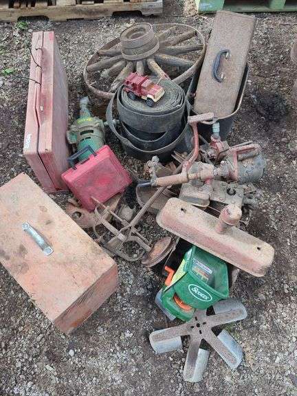 Wooden Wagon Wheel, Tools, Engine Parts and More, Contents Of Pallet, THURSDAY Pick Up