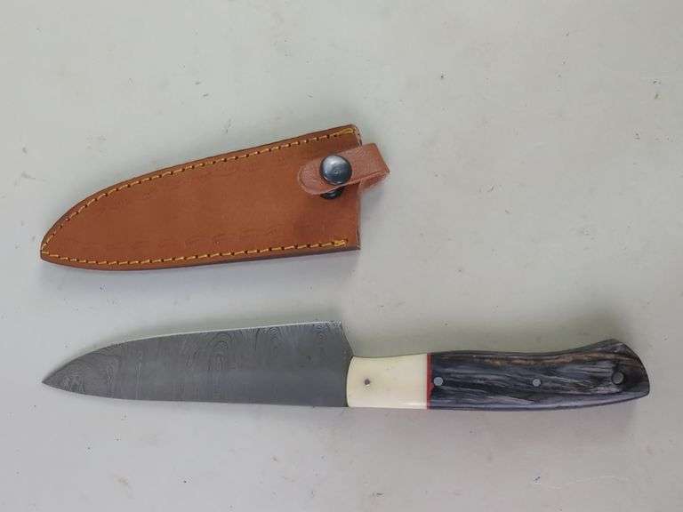 Damascus Steel 7" Fixed Blade Knife With Leather Sheath image