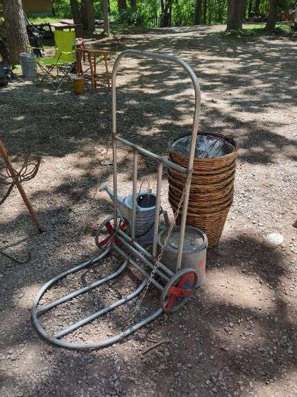 Rolling Utility Cart with Watering Can, Woven Flower Pots, And More