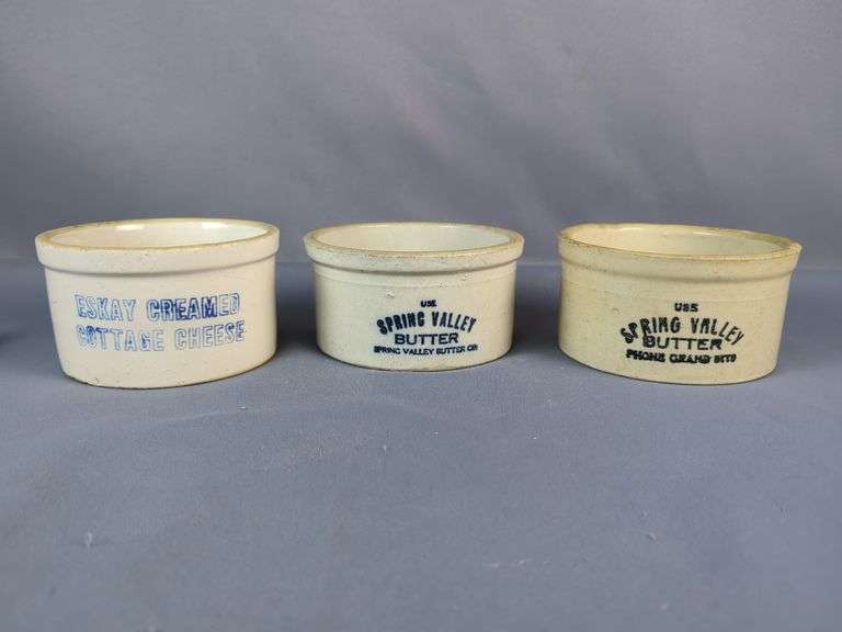 Set of Three Stoneware Butter and Cottage Cheese Crocks