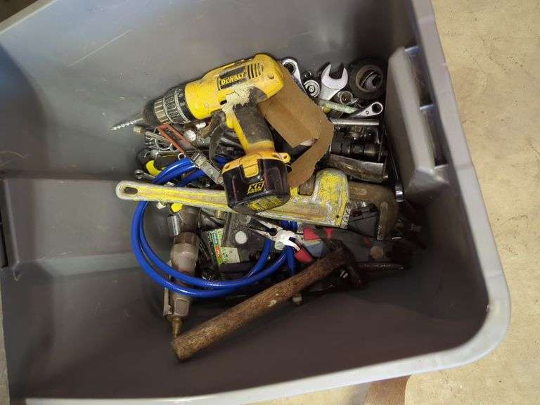 DeWalt Cordless Drill, Adjustable Wrench, Assorted Sockets, Pliers, an Air Hose, Hammer, And More