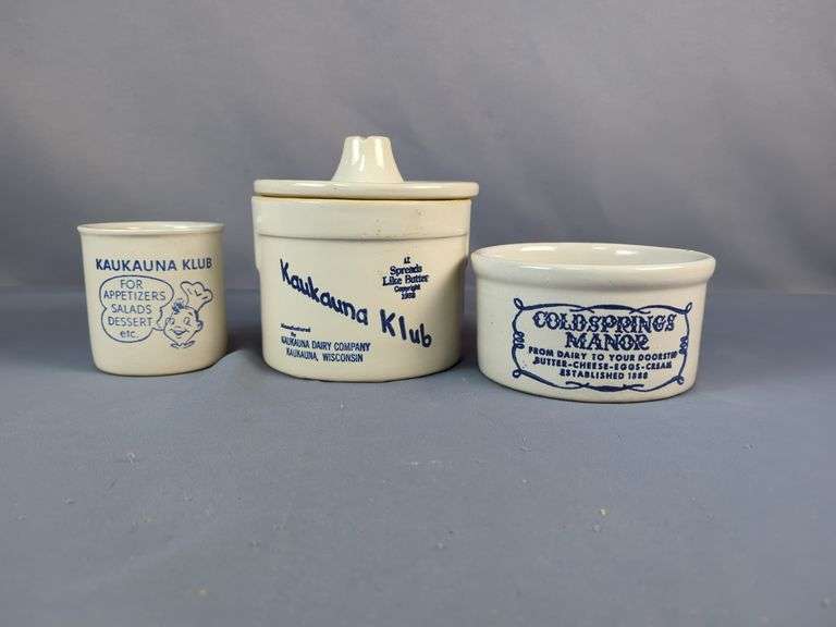Lot of Three Advertising Crock Jars: Kauna Klub and Coldsprings Manor