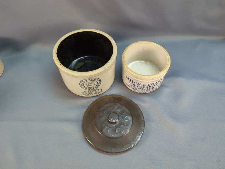 Peerless Creamery Butter Crock with Lid and Leitch & Crawford Butter Crock