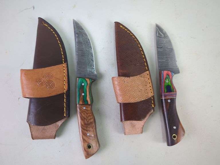 Damascus Steel 3.5" and 3" Fixed Blade Knives With Leather Sheaths image