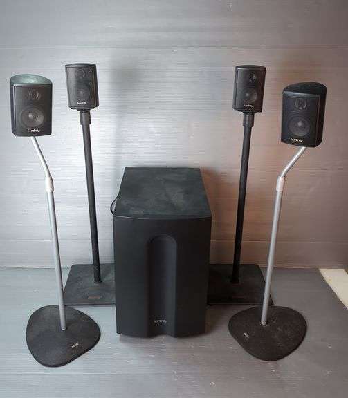 Infinity Surround Sound System And Subwoofer With Sanus And Atlantic Speaker Stands