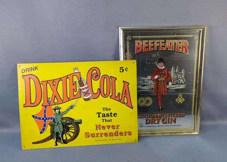 Dixie Cola Metal Sign and Beefeater Mirror Bar Advertising