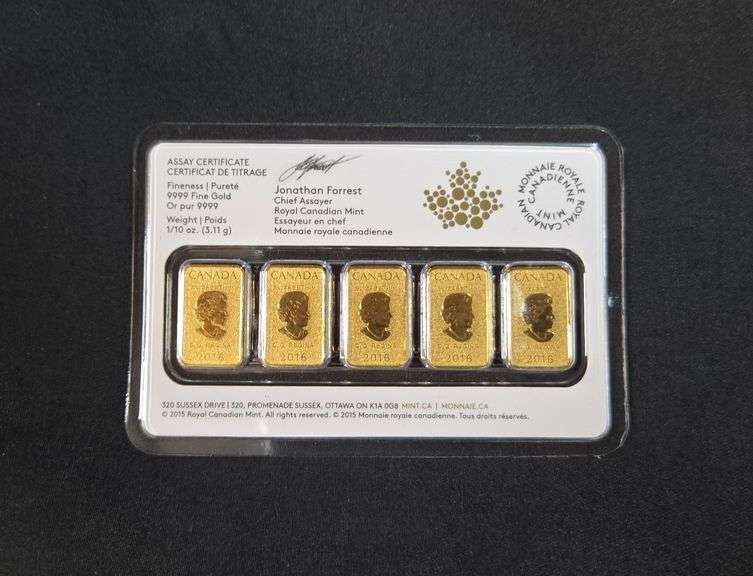 2016 Royal Canadian Mint 1/10 oz Gold Legal Tender $25 5-Bar Set, .9999 Fine Gold image
