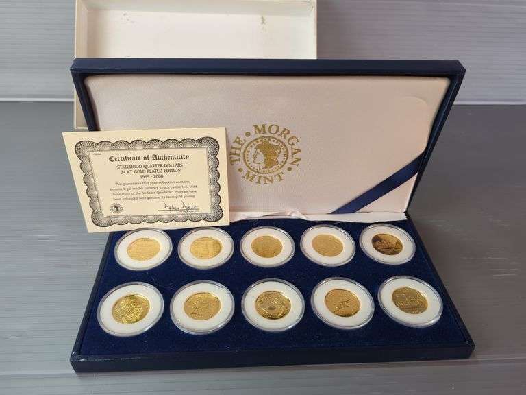 The Morgan Mint Statehood Quarter Dollars 24 Kt Gold Plated Edition Coins From 1999-2000, Vatican Coin Set, And $5 Bermuda Note