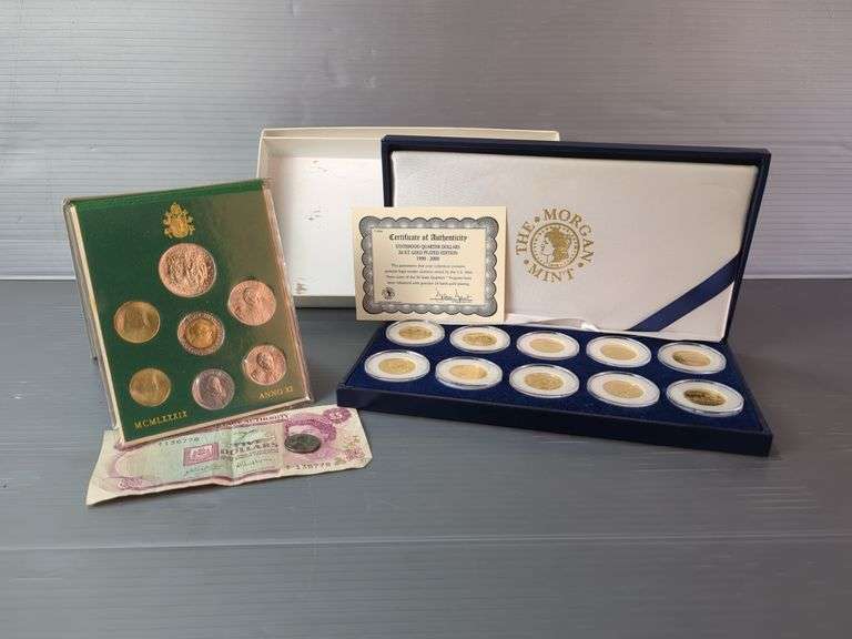 The Morgan Mint Statehood Quarter Dollars 24 Kt Gold Plated Edition Coins From 1999-2000, Vatican Coin Set, And $5 Bermuda Note