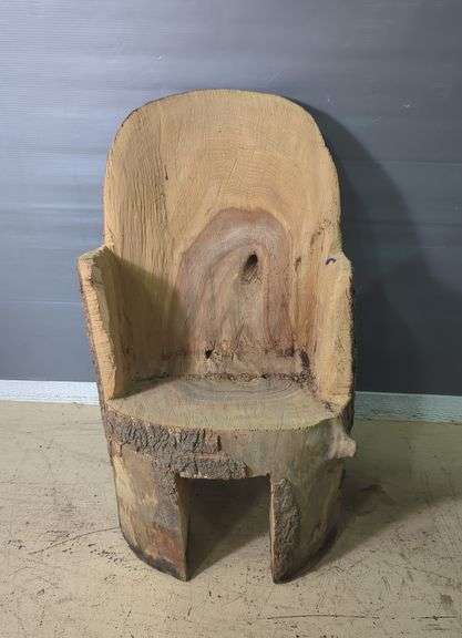 Hand-Carved Wood Log Chair With Face Detail