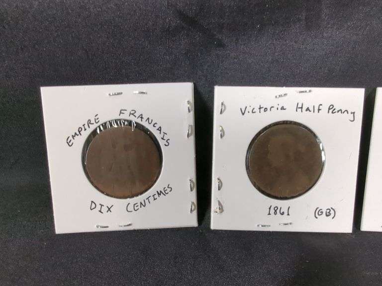 Foreign 19th Century Coin Collection Including 1861 Great Britain Victoria Half Pennies, Qty 2, 1854 France Napoleon III 10 Centimes Coin, 1700 China Qianlong Tonbao Coin, and 1889 Vietnam 10 Van Coin