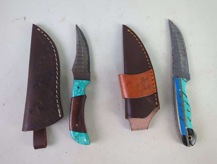 Damascus Steel 3" and 3.5" Fixed Blade Knives With Leather Sheaths image