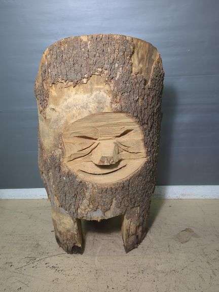 Hand-Carved Wood Log Chair With Face Detail