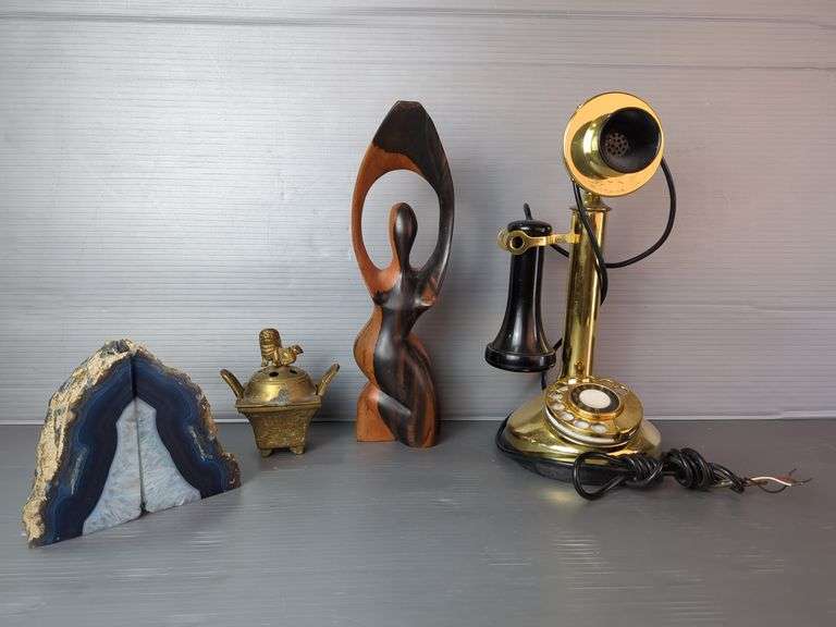 Home Decor Including Sculpture, Agate Bookends, Incense Burner, and Rotary Phone