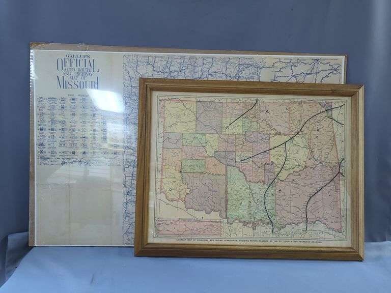 Framed Oklahoma Indian Territories and Missouri Road Map Poster