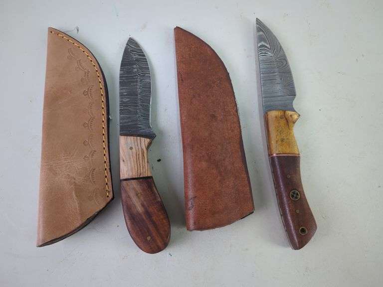 Damascus Steel 4" and 3.5" Fixed Blade Knives With Leather Sheaths image