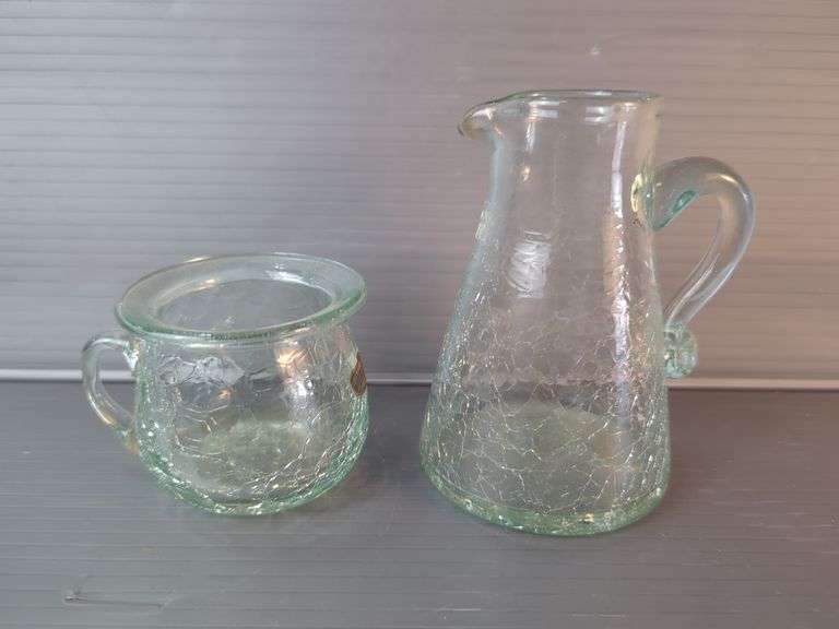 Stockholms Glasbruk Crackle Glass Creamer and Pitcher Set