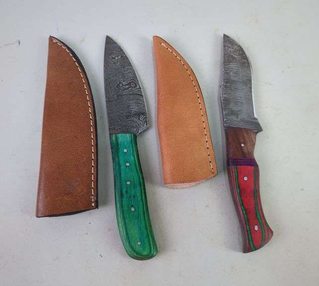 Damascus Steel 4" Fixed Blade Knives Qty 2 With Leather Sheaths image