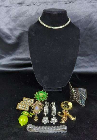Costume Jewelry Collection: Necklace, Brooches, Bracelet, and Earrings