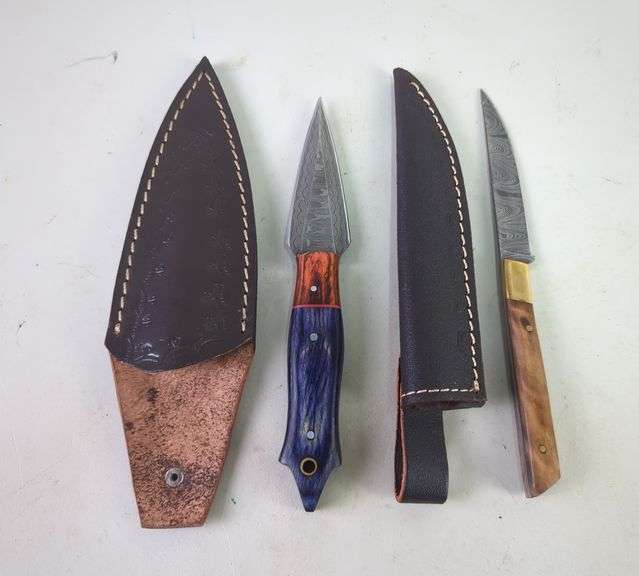 Damascus Steel 3" and 3.5" Fixed Blade Knives With Leather Sheaths image