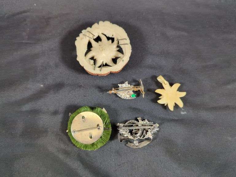 German Suvenirs Including Brooches And Carved Eidelweiss Celluloid Flowers