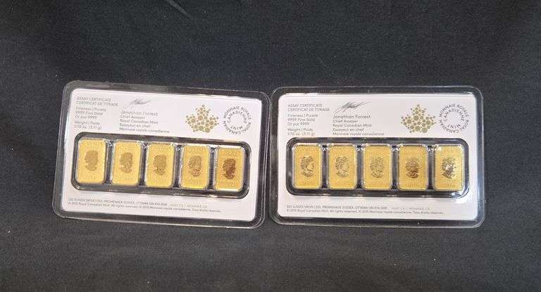 2016 Royal Canadian Mint 1/10 oz Gold Legal Tender $25 5-Bar Set, .9999 Fine Gold, Qty 2 image