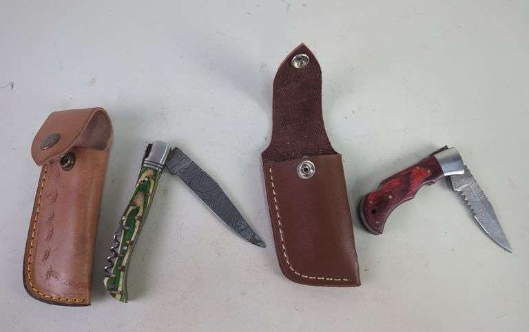 Damascus Steel 3.5" and 2.5"  Folding Knives With Leather Sheaths image