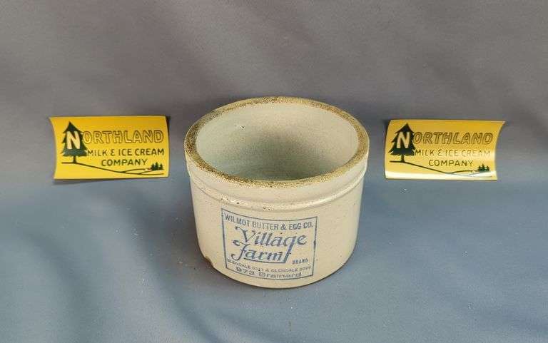 Village Farm Wilmot Butter & Egg Co. Crock with Northland Milk & Ice Cream Company Decals image
