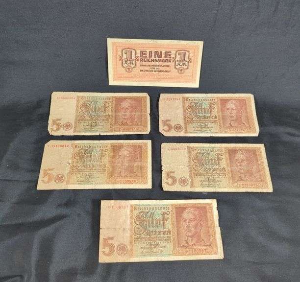 Germany 5 Reichsmark Bank Notes, Qty 5, And 1942 Germany 1 Reichsmark Bank Note image